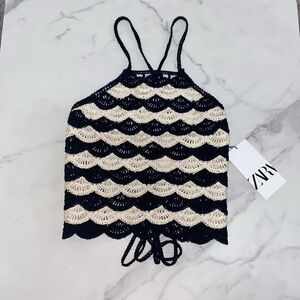 Zara Black Off White Crochet Open Lace Back Top Size Small